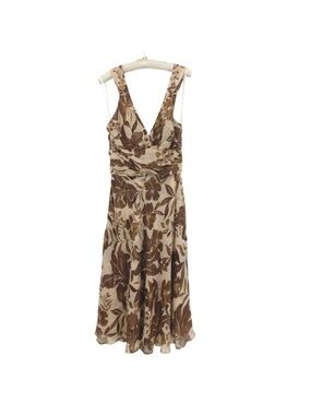 VTG New York Silk Floral Midi Dress Brown V-Neck Sleeveless Size 8
